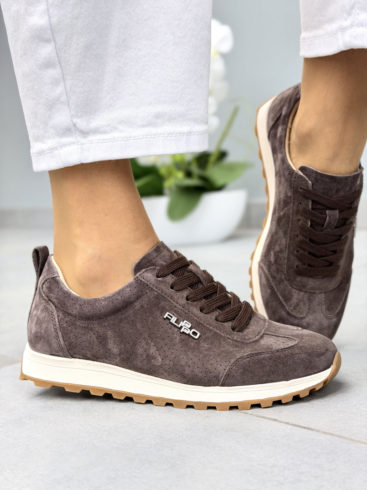 Brązowe sneakersy damskie zamszowe ze skóry naturalnej casual