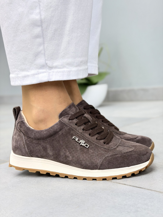 Brązowe sneakersy damskie zamszowe ze skóry naturalnej casual