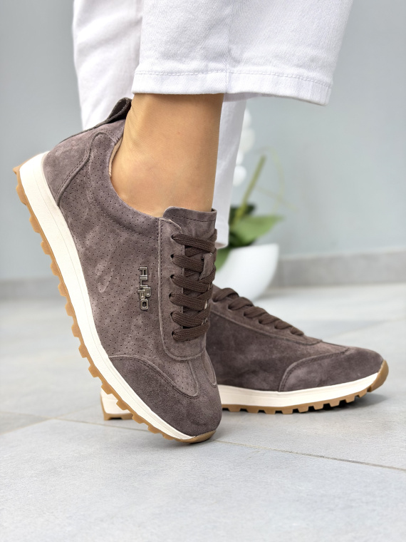 Brązowe sneakersy damskie zamszowe ze skóry naturalnej casual