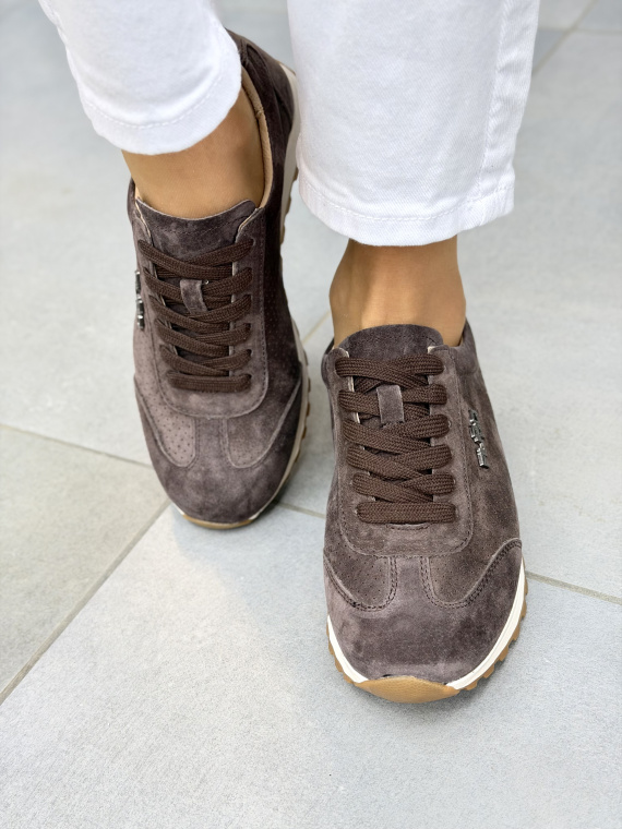 Brązowe sneakersy damskie zamszowe ze skóry naturalnej casual