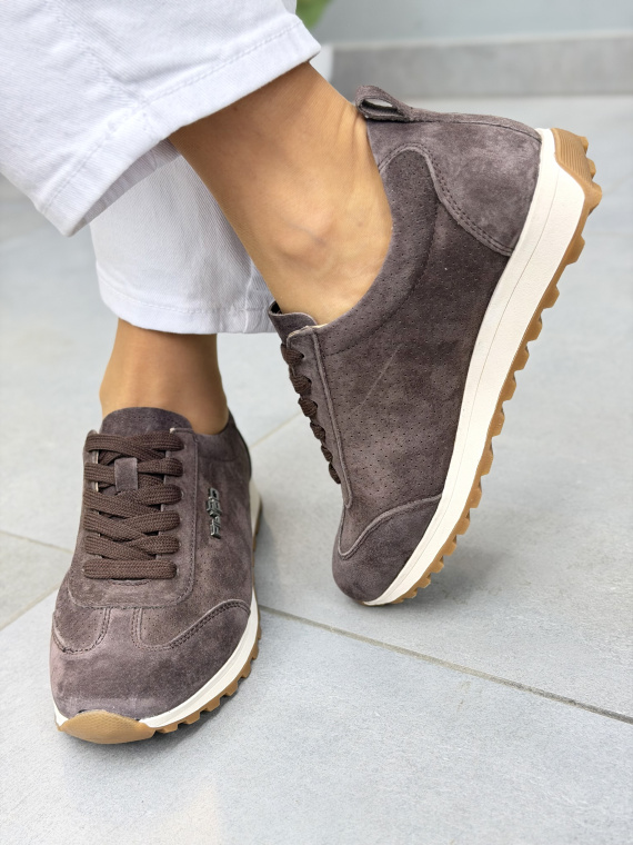 Brązowe sneakersy damskie zamszowe ze skóry naturalnej casual