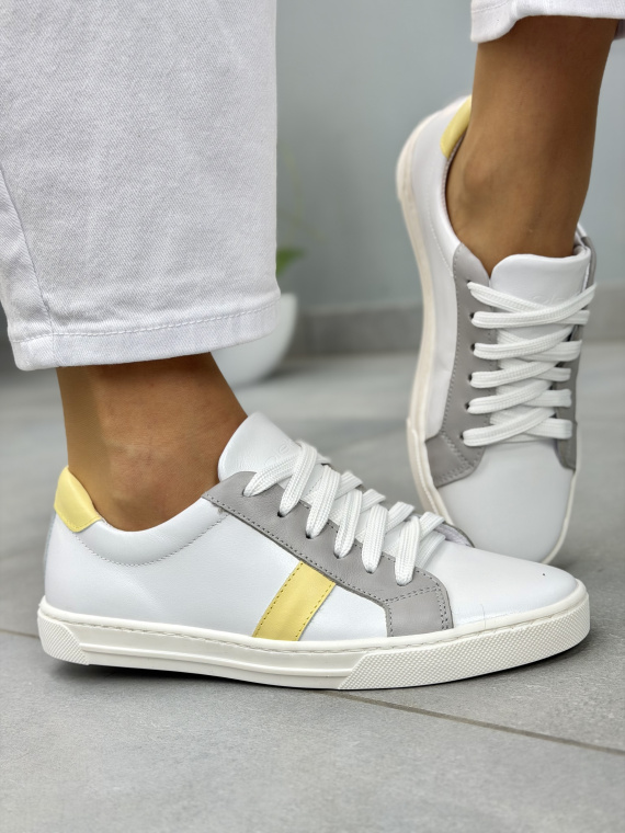 Białe sneakersy damskie OLEKSY skórzane z żółtym akcentem casual