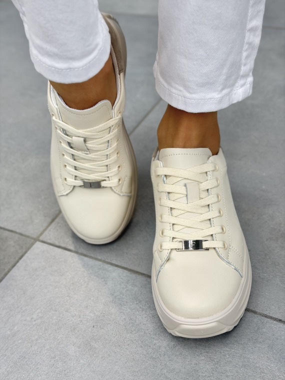 Beżowe sneakersy damskie skórzane na platformie casual