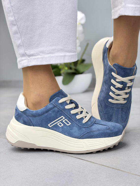 Niebieskie sneakersy damskie zamszowe skórzane casual na platformie