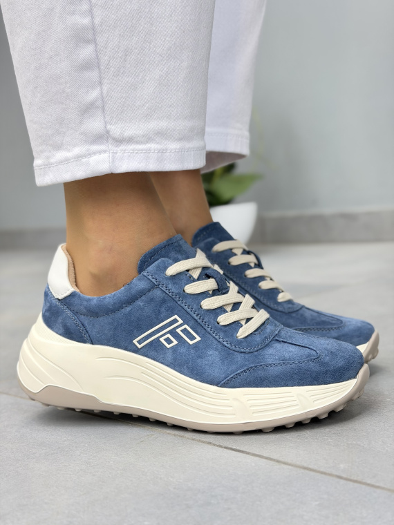 Niebieskie sneakersy damskie zamszowe skórzane casual na platformie