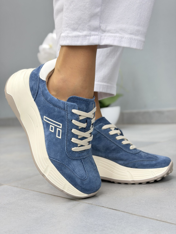 Niebieskie sneakersy damskie zamszowe skórzane casual na platformie