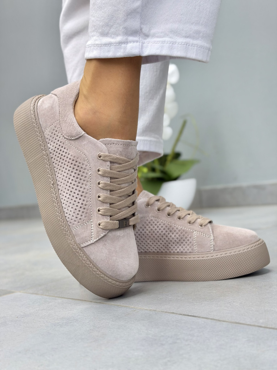 Beżowe sneakersy damskie zamszowe ze skóry naturalnej casual