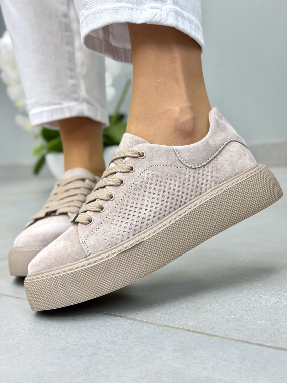 Beżowe sneakersy damskie zamszowe ze skóry naturalnej casual