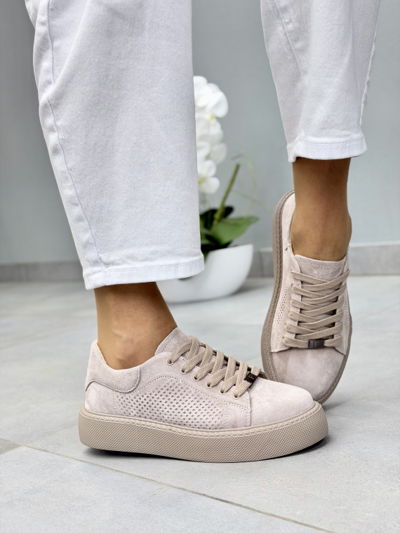 Beżowe sneakersy damskie zamszowe ze skóry naturalnej casual