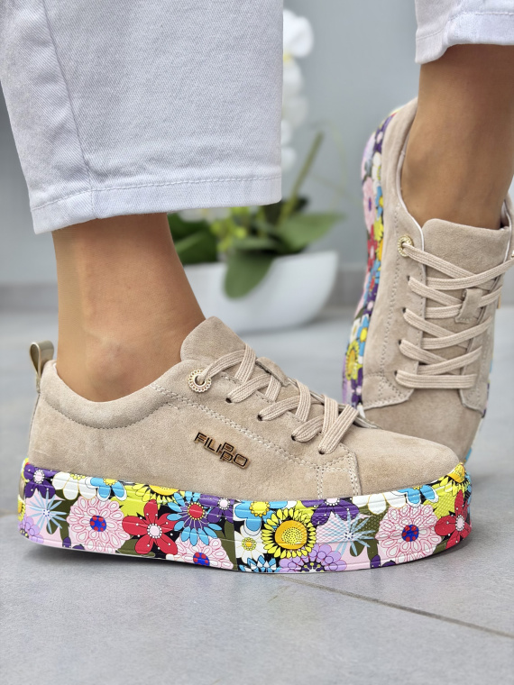 Beżowe sneakersy damskie zamszowe skórzane na platformie casual