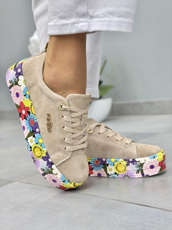 Beżowe sneakersy damskie zamszowe skórzane na platformie casual