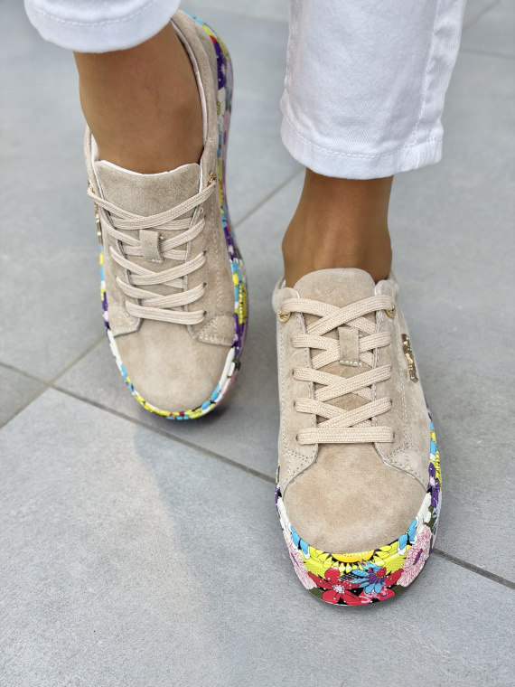 Beżowe sneakersy damskie zamszowe skórzane na platformie casual