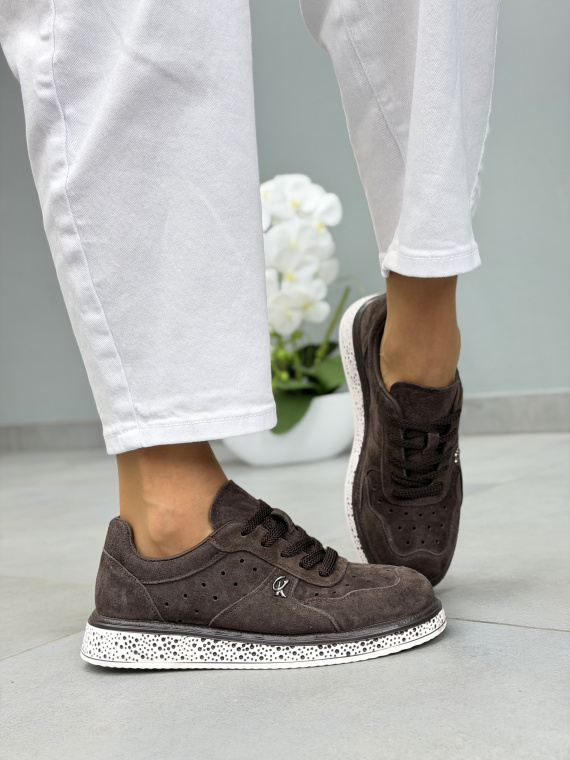 Brązowe sneakersy damskie zamszowe ze skóry naturalnej casual