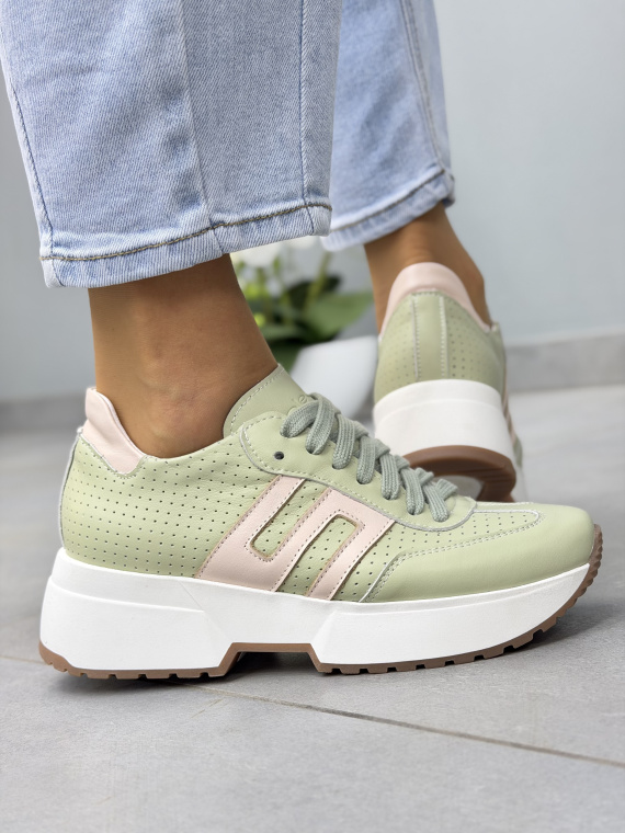 Miętowe sneakersy damskie skórzane OLEKSY na platformie casual