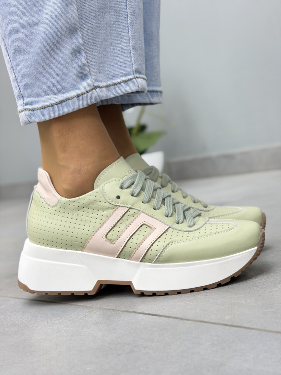 Miętowe sneakersy damskie skórzane OLEKSY na platformie casual