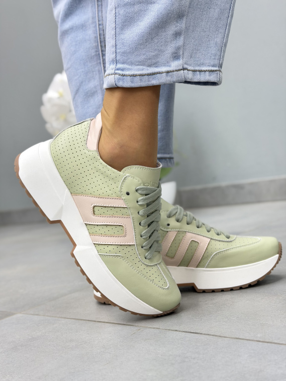 Miętowe sneakersy damskie skórzane OLEKSY na platformie casual