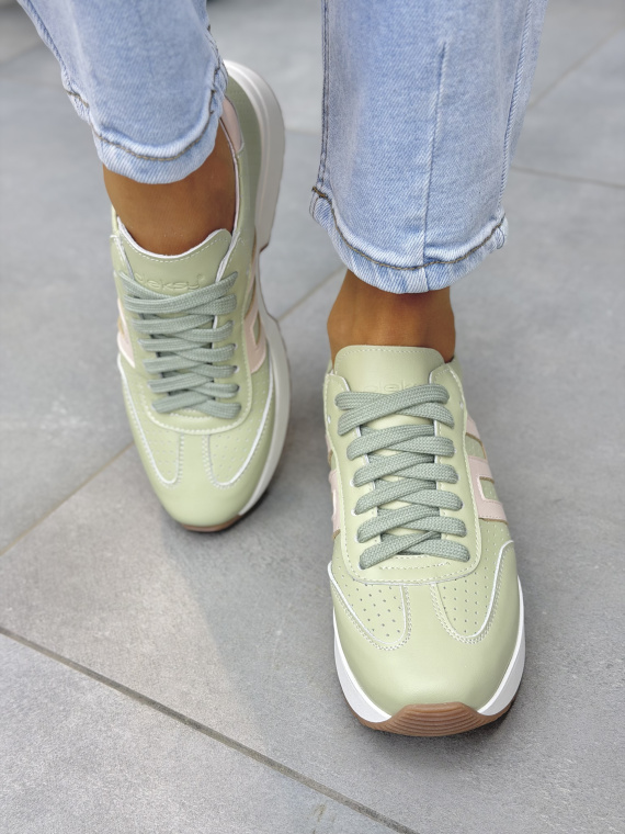 Miętowe sneakersy damskie skórzane OLEKSY na platformie casual