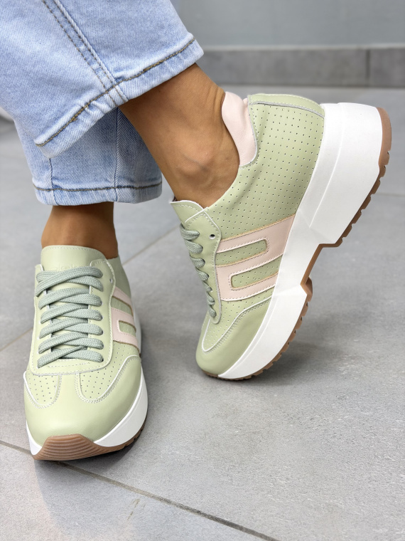 Miętowe sneakersy damskie skórzane OLEKSY na platformie casual