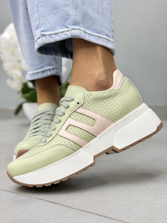 Miętowe sneakersy damskie skórzane OLEKSY na platformie casual