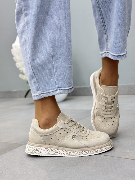 Beżowe sneakersy damskie z naturalnego zamszu casual