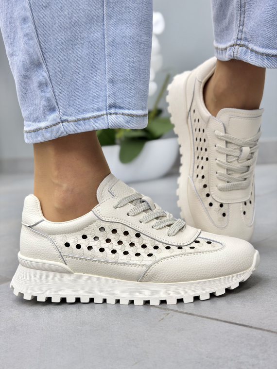 Beżowe sneakersy skórzane damskie casual perforowane