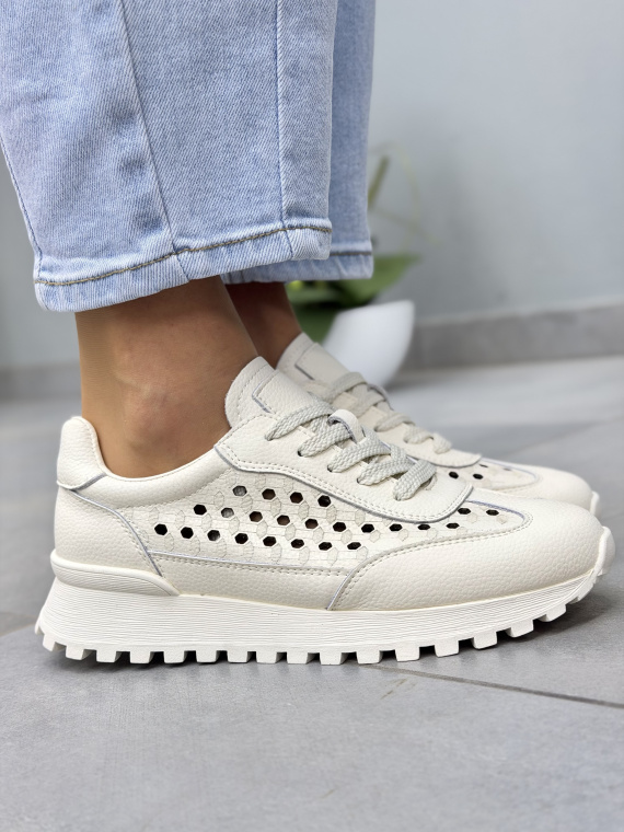 Beżowe sneakersy skórzane damskie casual perforowane
