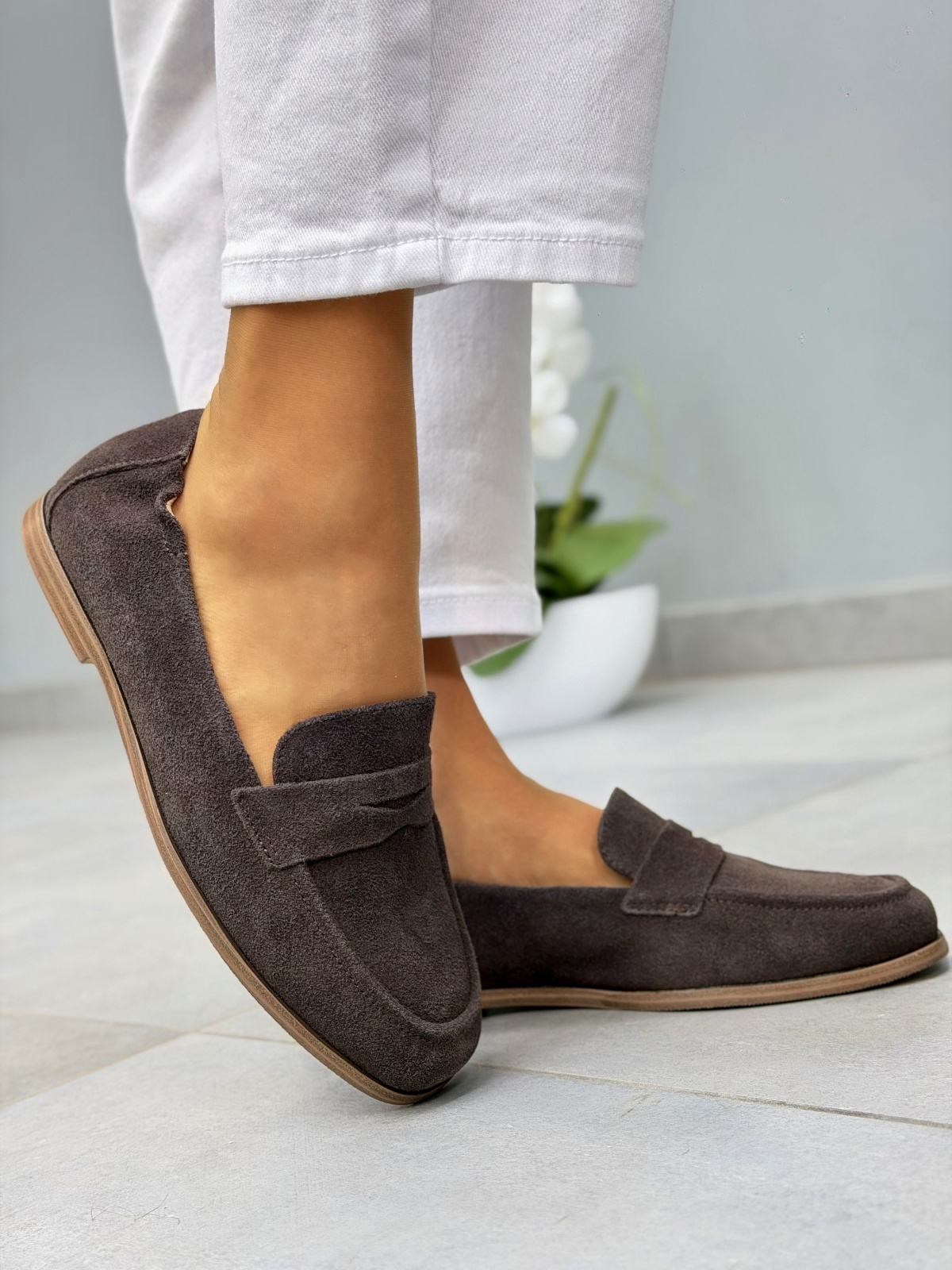 Brązowe mokasyny loafersy zamszowe ze skóry naturalnej casual