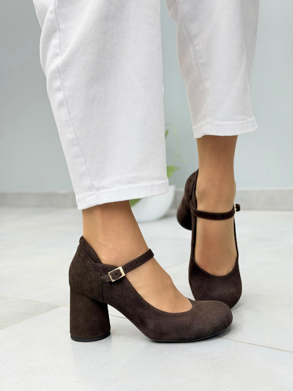 Brązowe czółenka zamszowe na słupku OLEKSY eleganckie