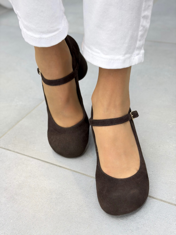 Brązowe czółenka zamszowe na słupku OLEKSY eleganckie