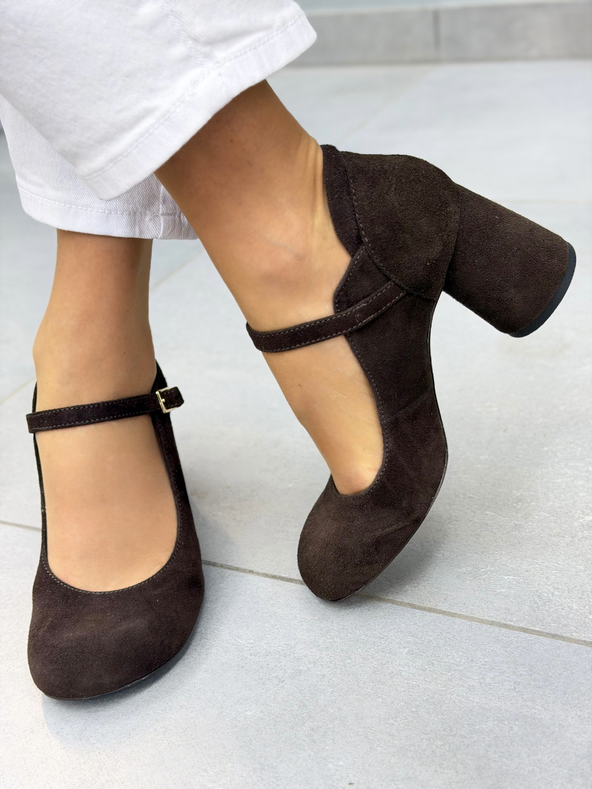 Brązowe czółenka zamszowe na słupku OLEKSY eleganckie