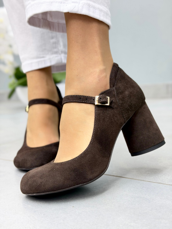 Brązowe czółenka zamszowe na słupku OLEKSY eleganckie