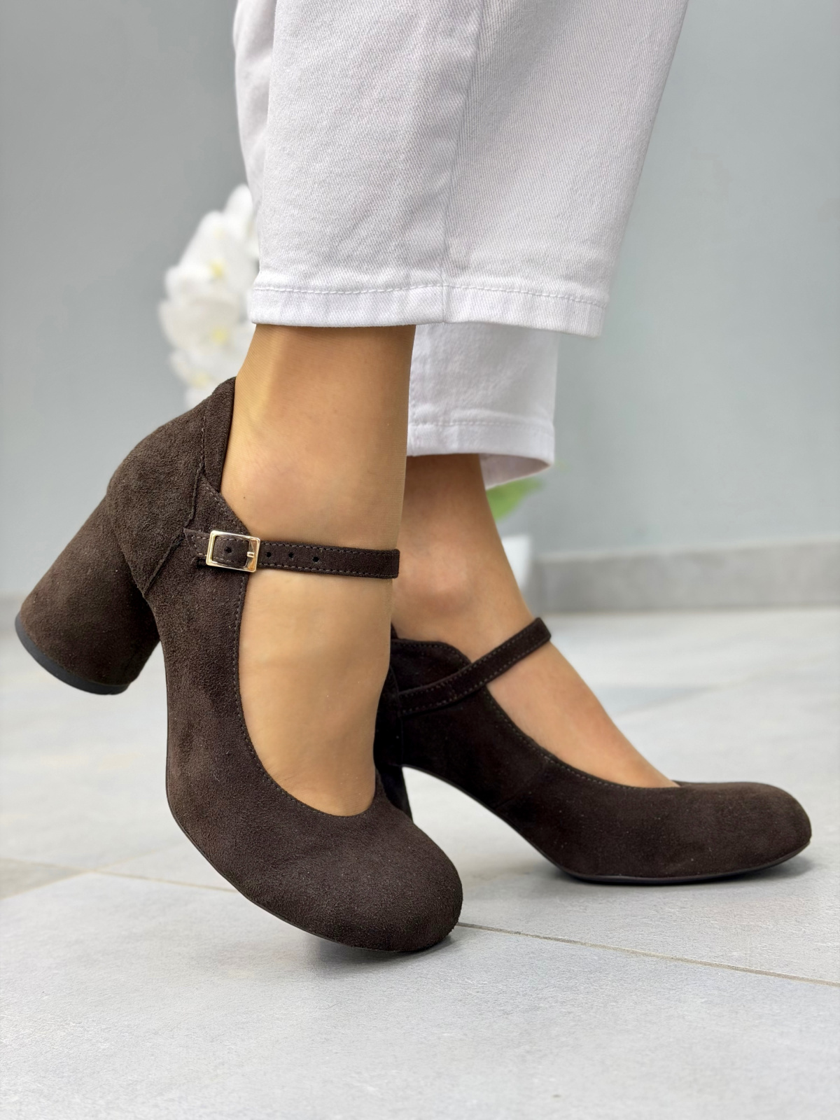 Brązowe czółenka zamszowe na słupku OLEKSY eleganckie