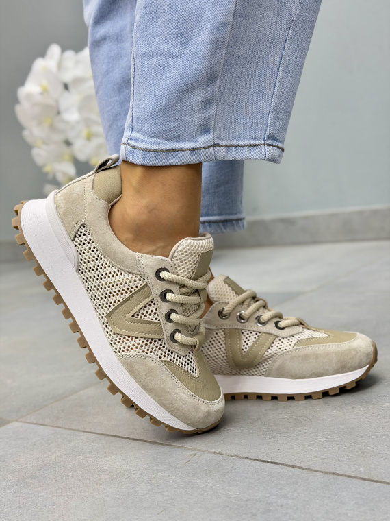 Beżowe sneakersy damskie skórzane z siateczką OLEKSY casual
