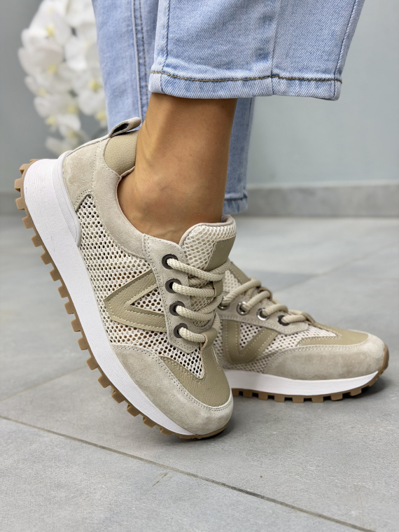 Beżowe sneakersy damskie skórzane z siateczką OLEKSY casual
