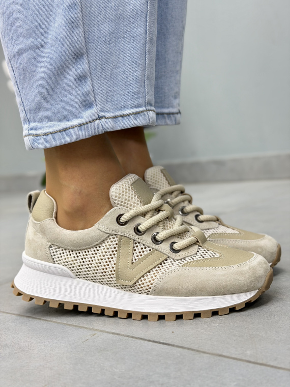 Beżowe sneakersy damskie skórzane z siateczką OLEKSY casual