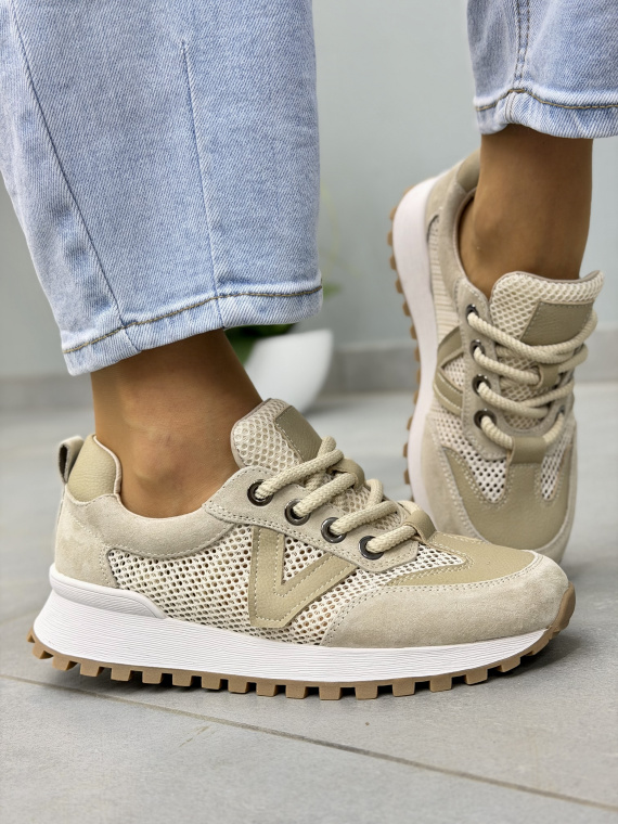Beżowe sneakersy damskie skórzane z siateczką OLEKSY casual
