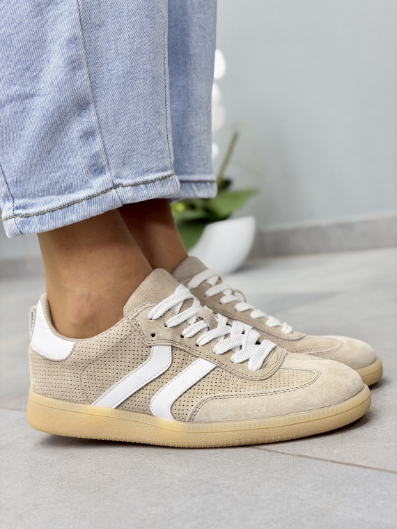 Beżowe sneakersy damskie zamszowe skórzane casual