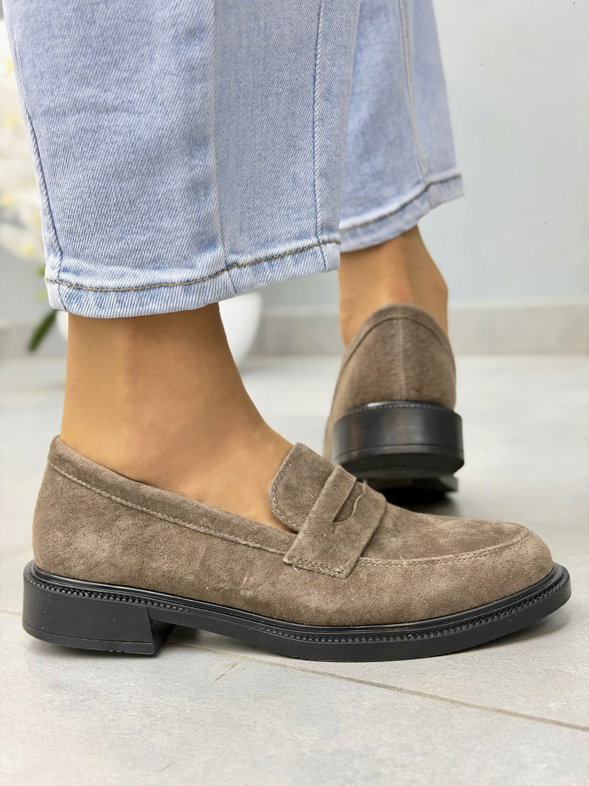 Brązowe mokasyny loafersy damskie zamszowe ze skóry naturalnej eleganckie