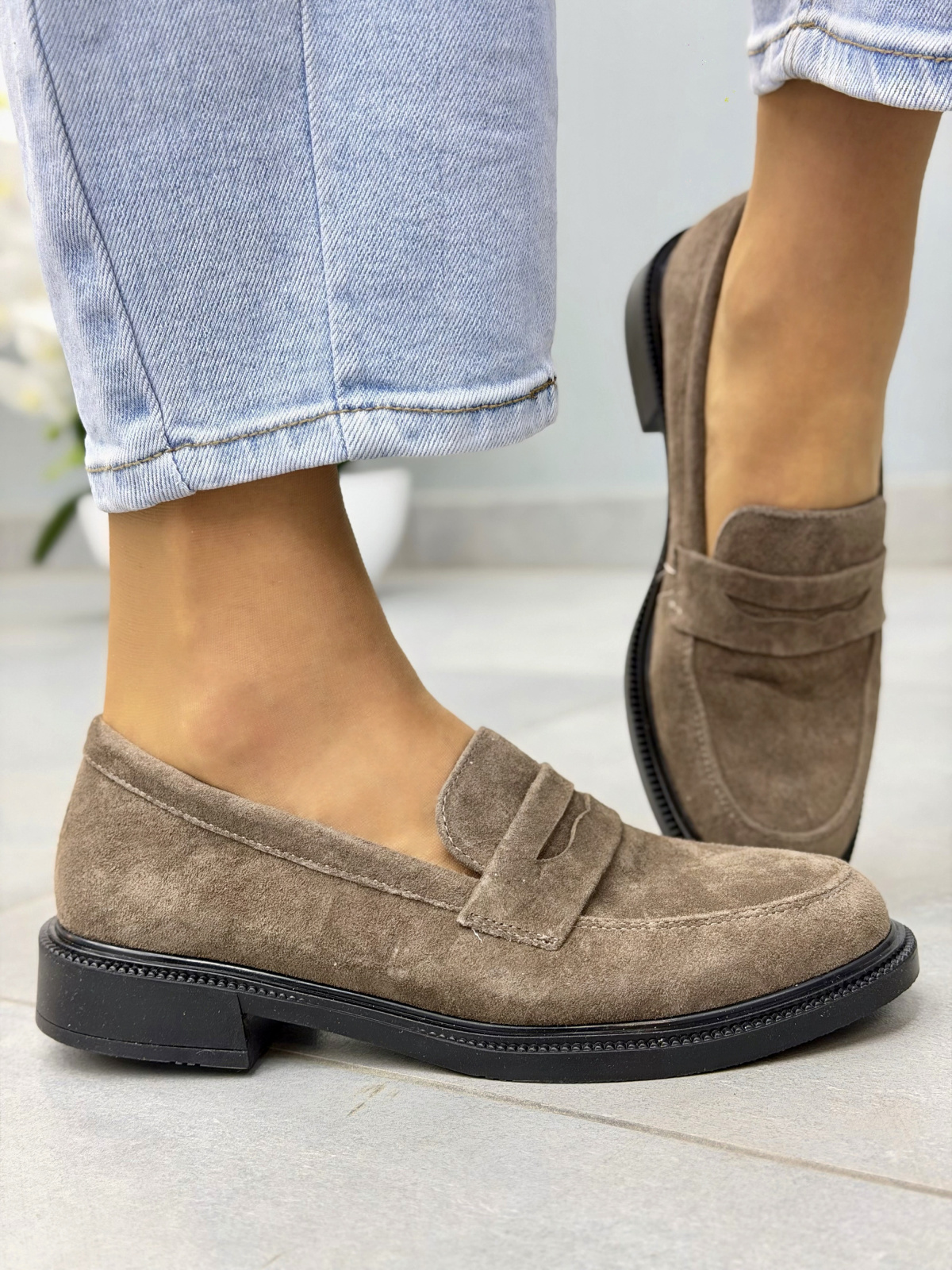 Brązowe mokasyny loafersy damskie zamszowe ze skóry naturalnej eleganckie