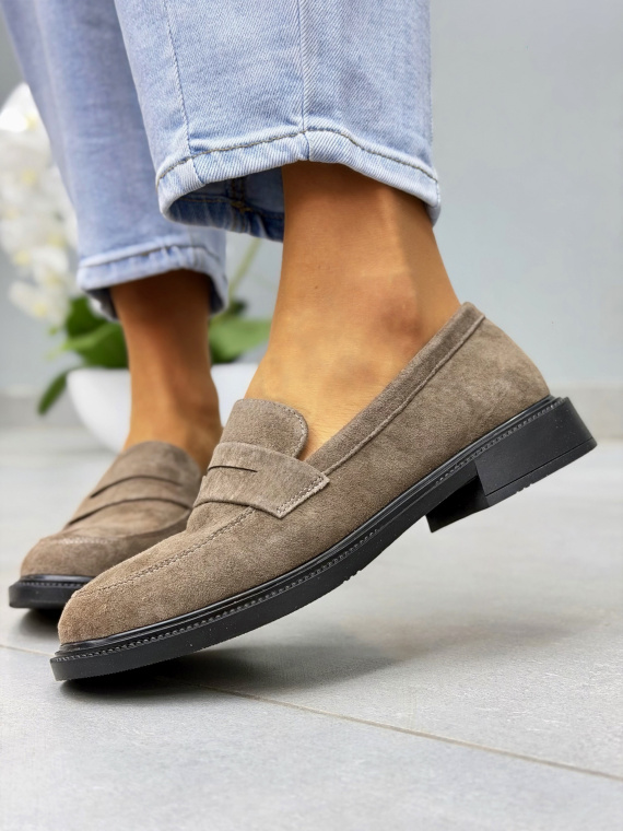 Brązowe mokasyny loafersy damskie zamszowe ze skóry naturalnej eleganckie