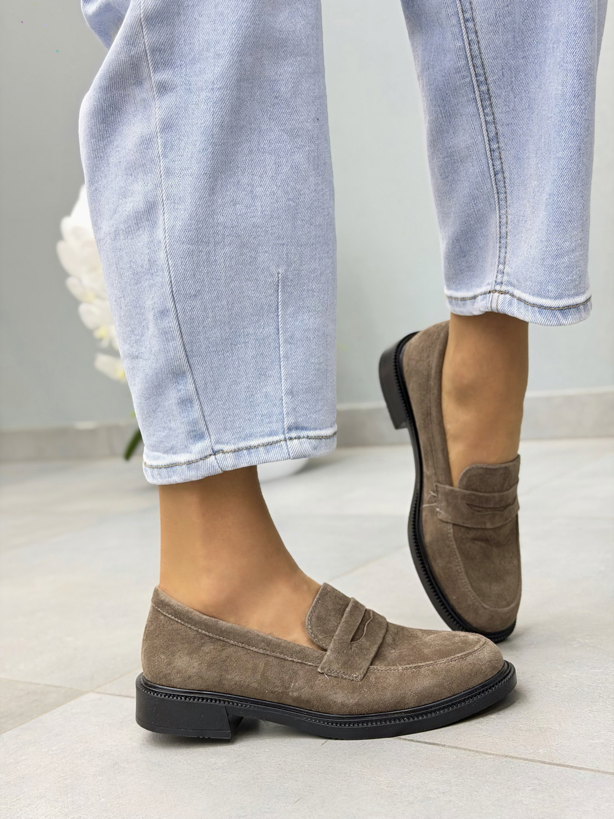 Brązowe mokasyny loafersy damskie zamszowe ze skóry naturalnej eleganckie