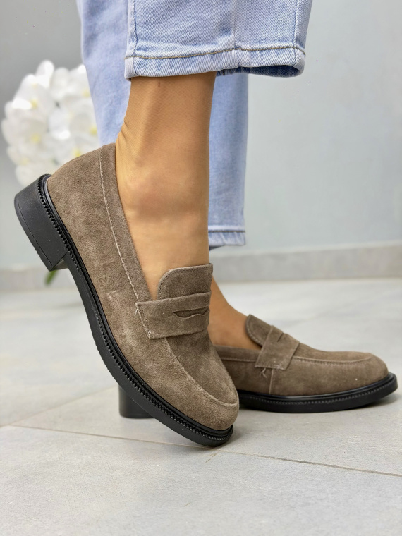 Brązowe mokasyny loafersy damskie zamszowe ze skóry naturalnej eleganckie