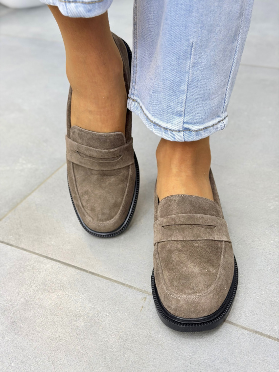 Brązowe mokasyny loafersy damskie zamszowe ze skóry naturalnej eleganckie