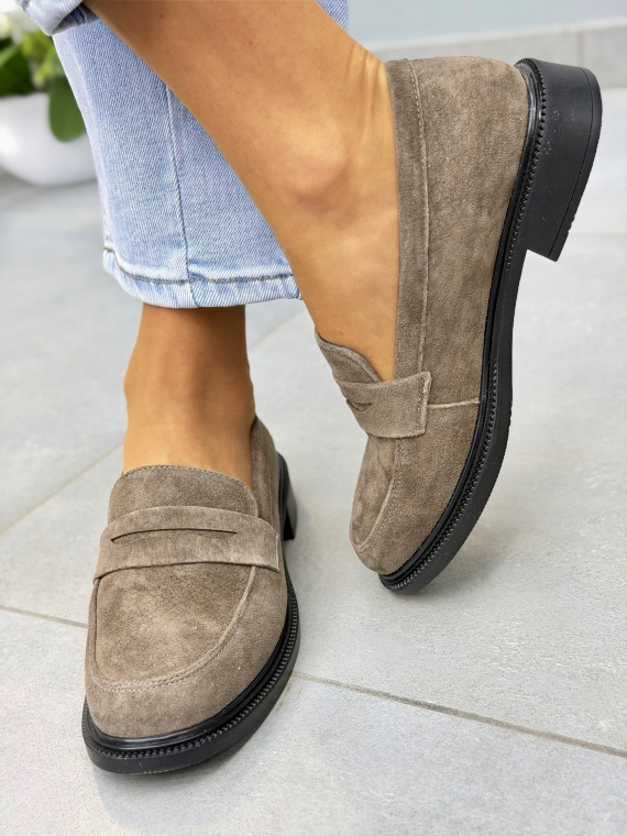 Brązowe mokasyny loafersy damskie zamszowe ze skóry naturalnej eleganckie