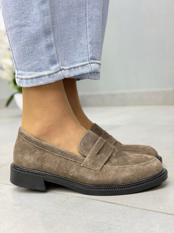 Brązowe mokasyny loafersy damskie zamszowe ze skóry naturalnej eleganckie