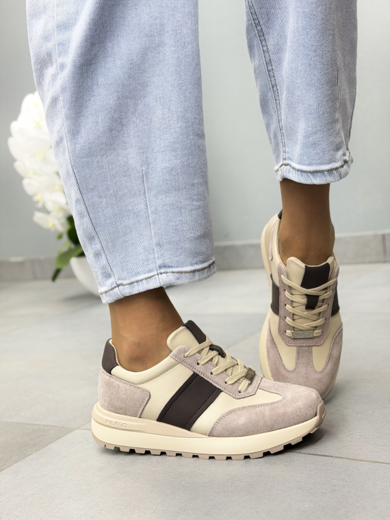 Beżowo-brązowe sneakersy skórzane damskie casual