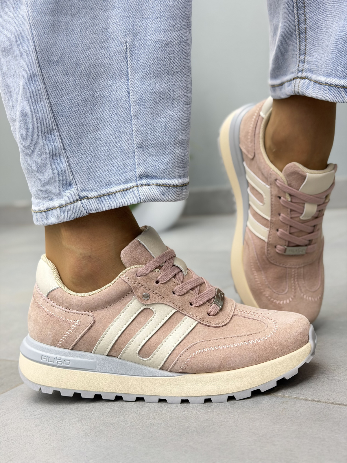 Różowe sneakersy damskie zamszowe ze skóry naturalnej casual