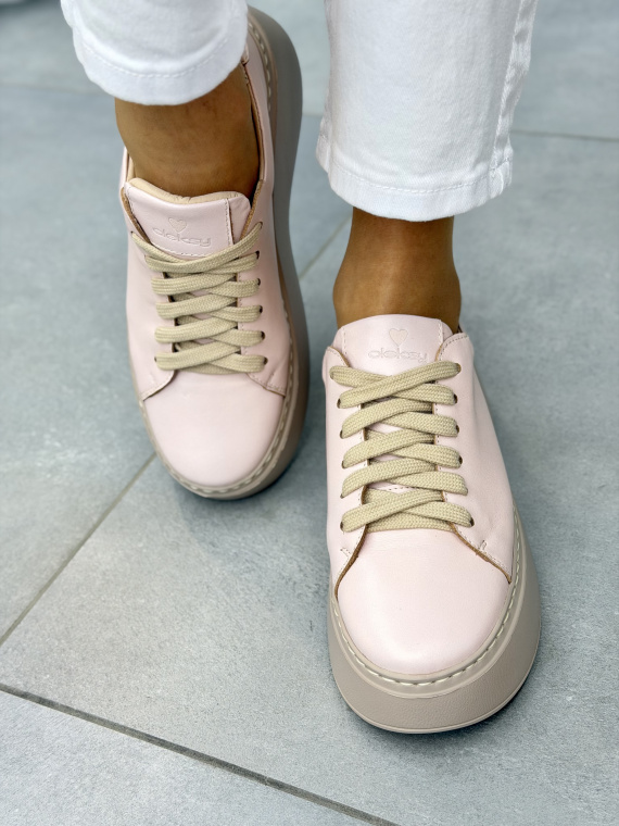 Różowe sneakersy damskie skórzane OLEKSY na platformie casual