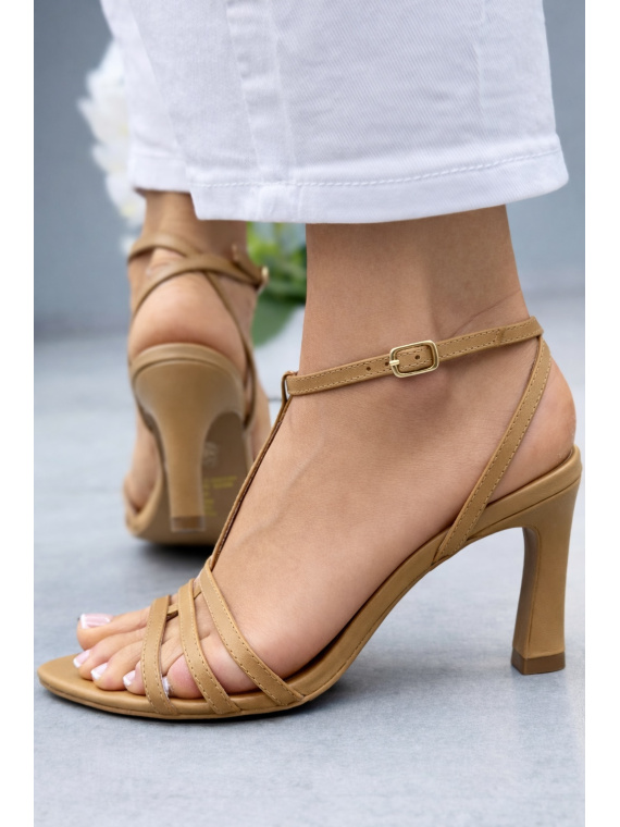 Beżowe sandały damskie OLEKSY skórzane na obcasie eleganckie