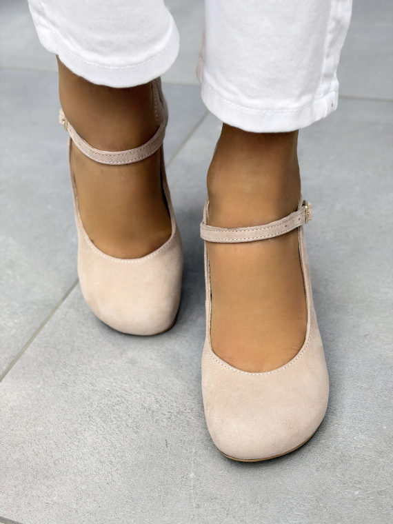 Beżowe półbuty zamszowe OLEKSY na słupku eleganckie